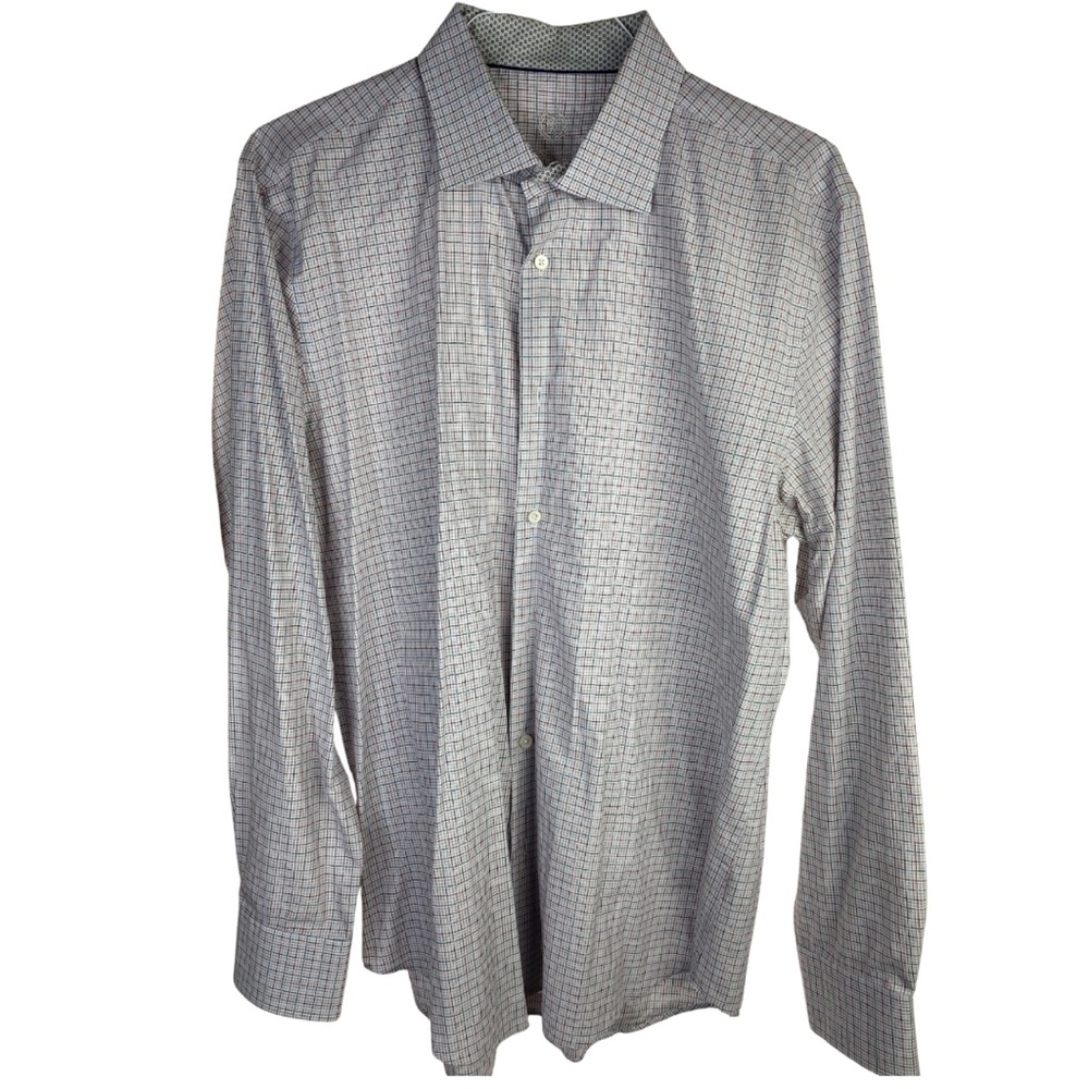 Bugatchi Men’s Long Sleeve Dress Shirt – 17.5 36/37 – White, Red & Gray